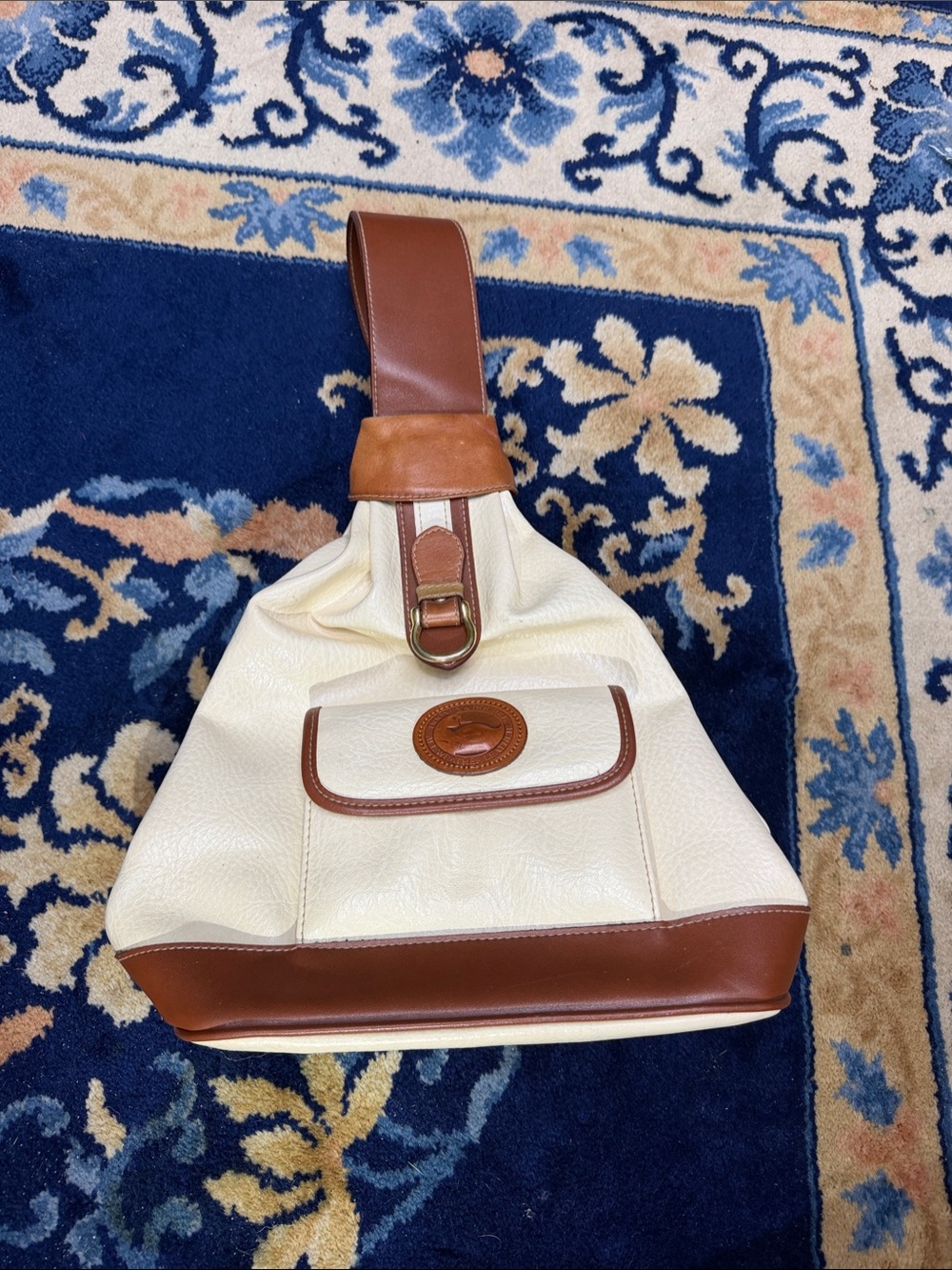 80s Dooney & Bourke Cream and Brown Leather Sling Bag with Front Pocket
